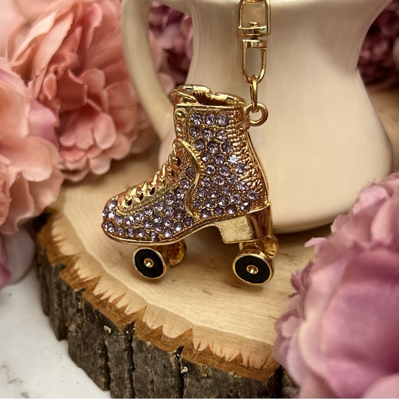 Purple and Gold Crystal Roller Skate Keychain Charm - Picture 4 of 16